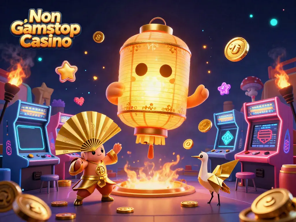 Engage with Non Gamstop Casino gameplay featuring a glowing golden lantern spirit and arcade elements.
