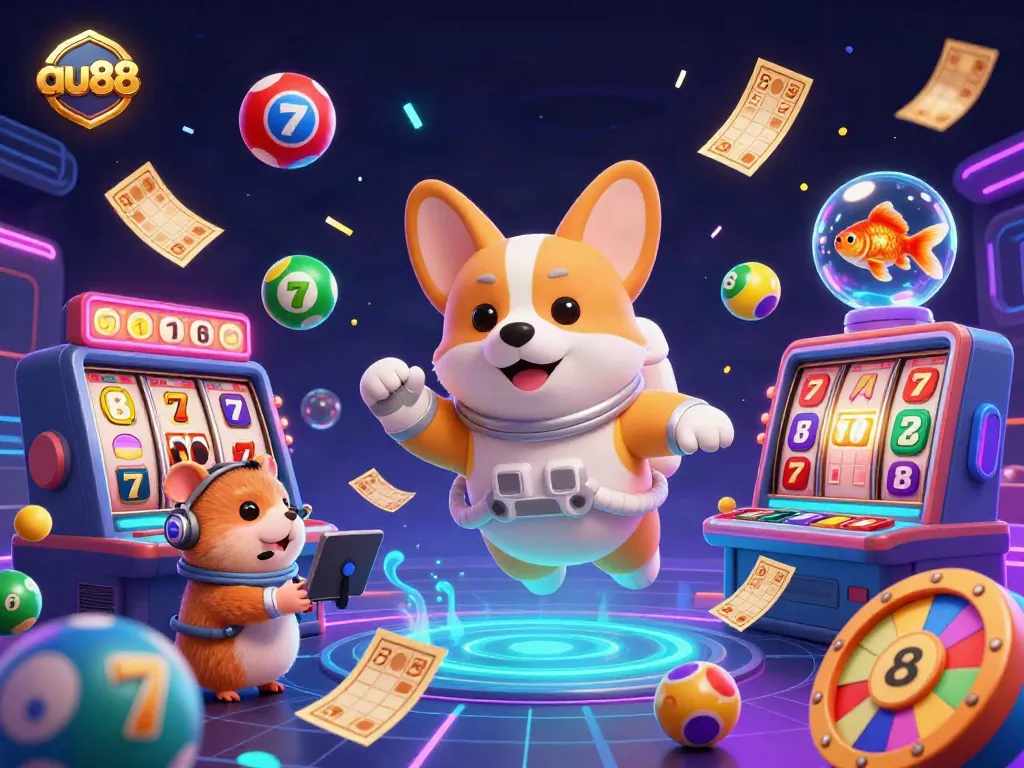 Experience gaming excitement with au88 in a dynamic space casino scene featuring a floating corgi and colorful elements.