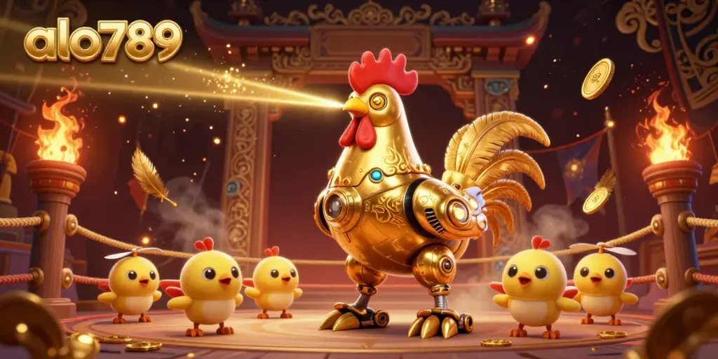 Experience dynamic gaming action with alo789 as a futuristic golden rooster robot leads baby chick drones in a vibrant arena.