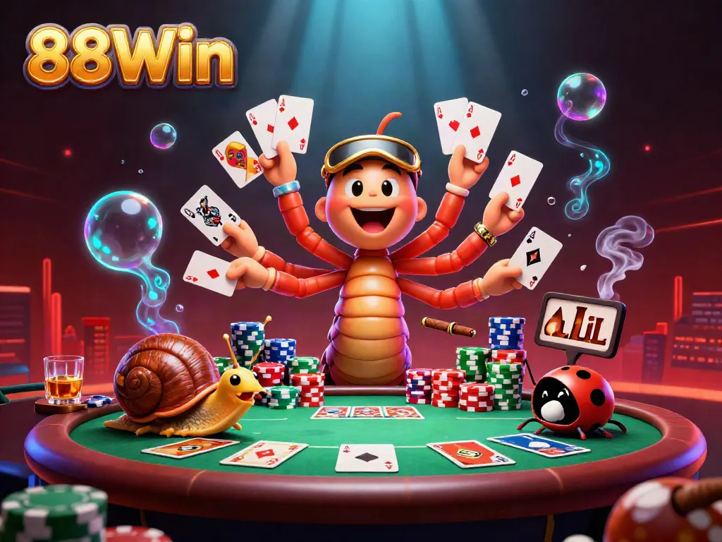 Emotionally engaging scene of a 3D millipede dealer showcasing cards at 88Win's poker table.