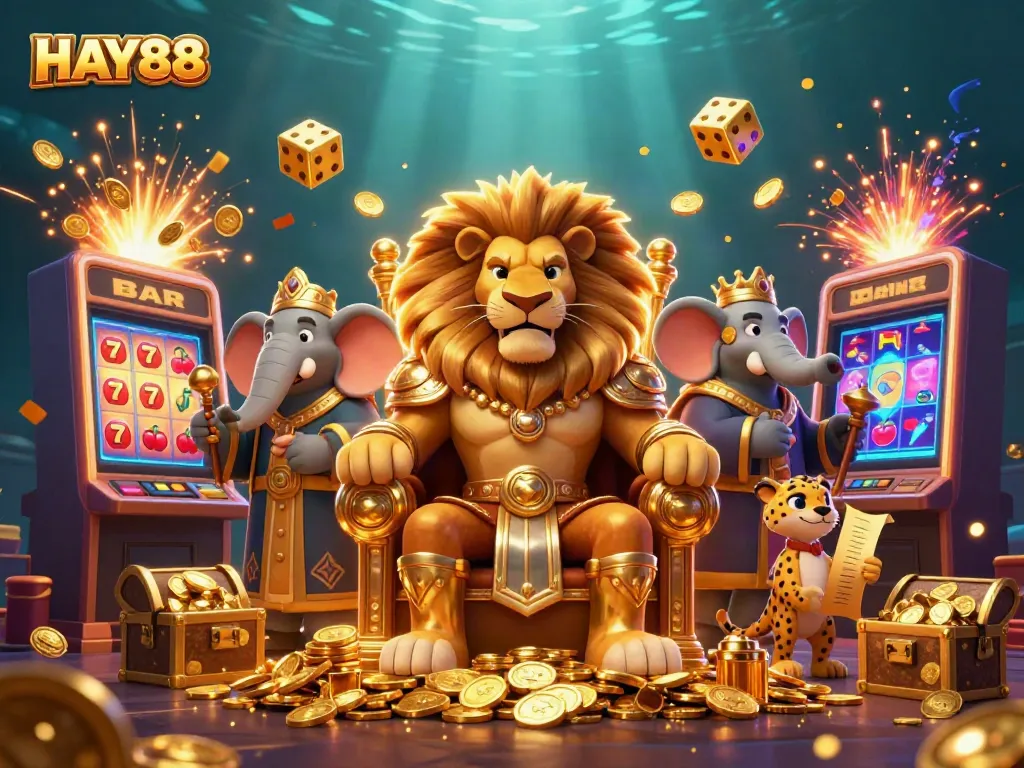 Engage with HAY88's thrilling gaming experience featuring a majestic lion king and vibrant casino elements