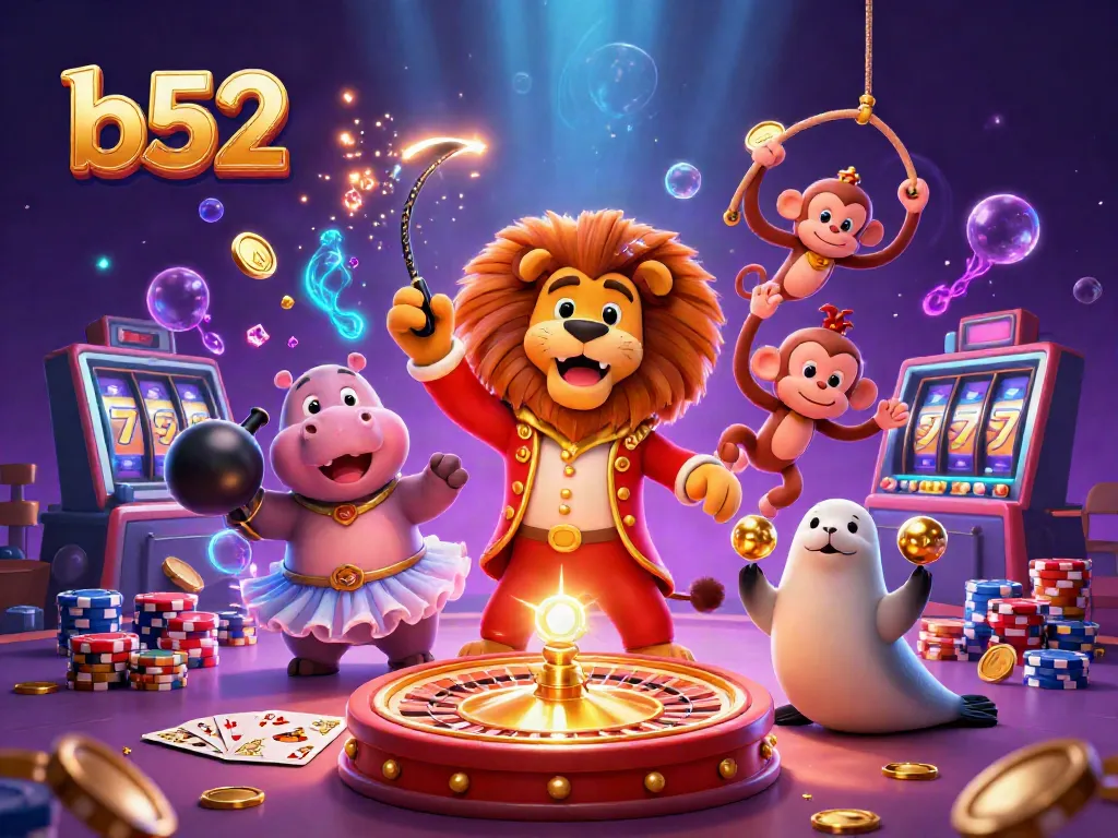 Experience the thrill of b52 with a colorful circus-themed casino illustration featuring lively characters.