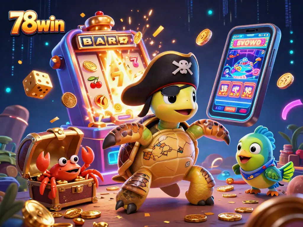 Engage with exciting games at 78win as vibrant characters explore a treasure-filled casino.