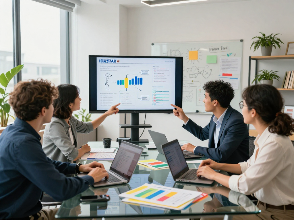 Team collaboratively analyzing IDXSTAR data in modern office setting, showcasing teamwork and strategic discussions.
