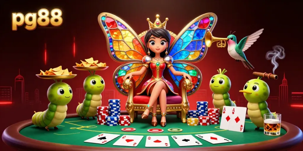 Experience the thrill of pg88 with a lively butterfly queen and vibrant casino elements.