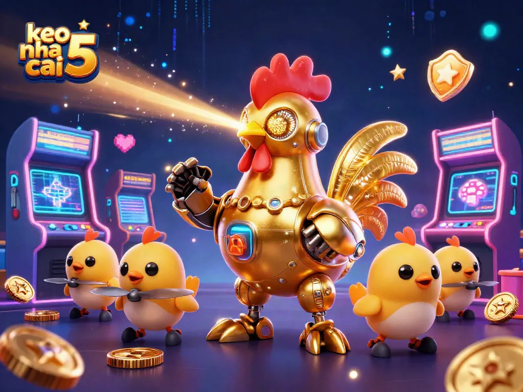 Engage with keo nha cai 5 in a vibrant casino atmosphere showcasing dynamic retro-futuristic characters and gaming elements.