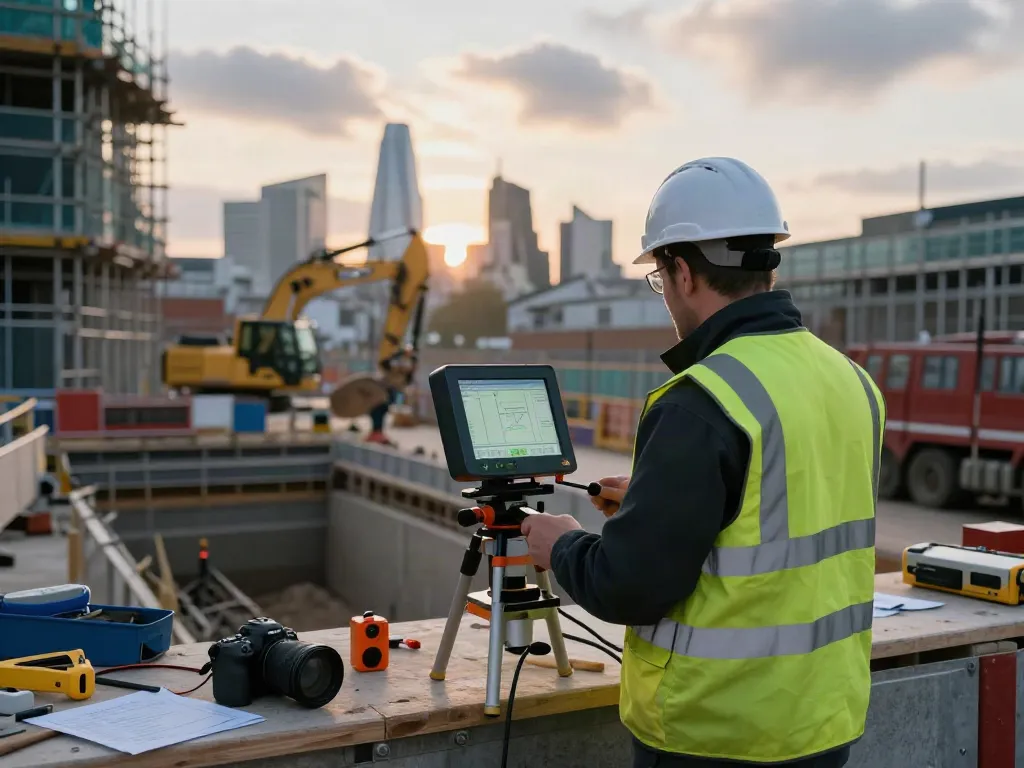 Underground Utility Mapping London using GPR equipment by a surveyor on an urban construction site.