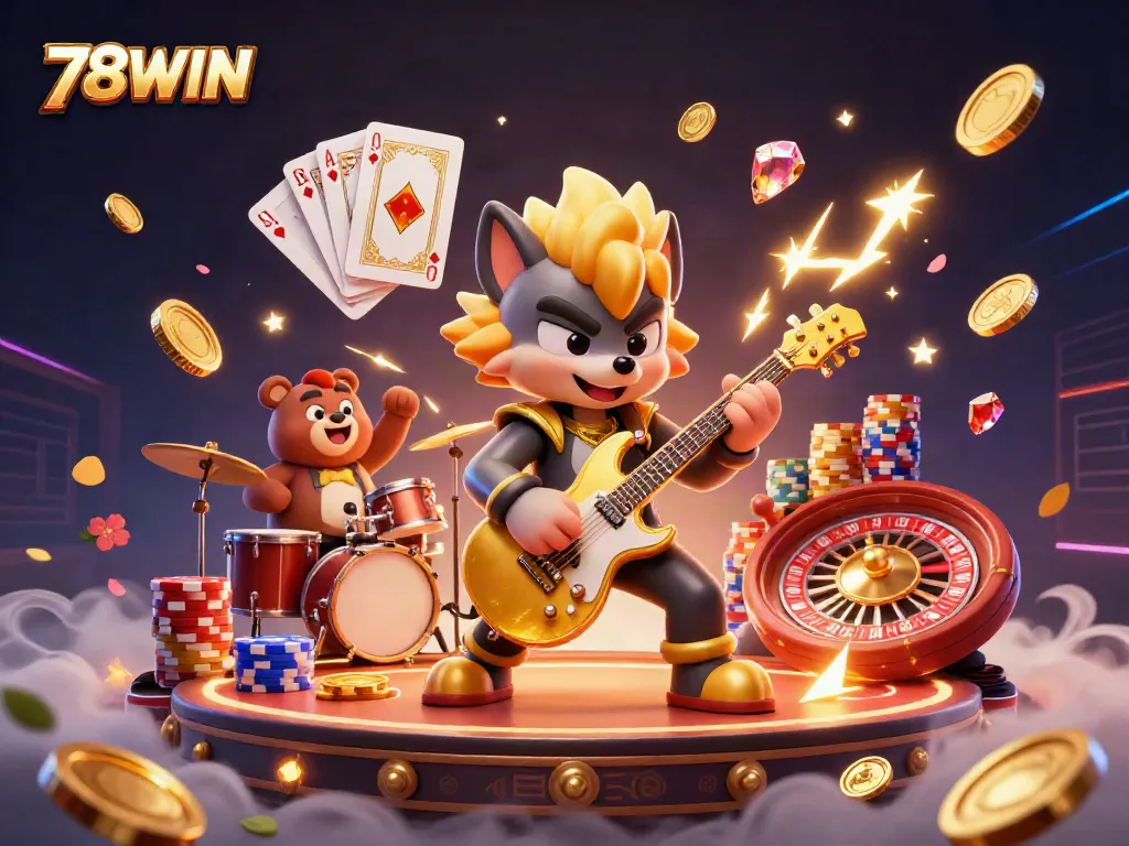 Experience the thrill of 78WIN casino with a 3D wolf rock star shredding guitar among sparkling gems and golden coins.