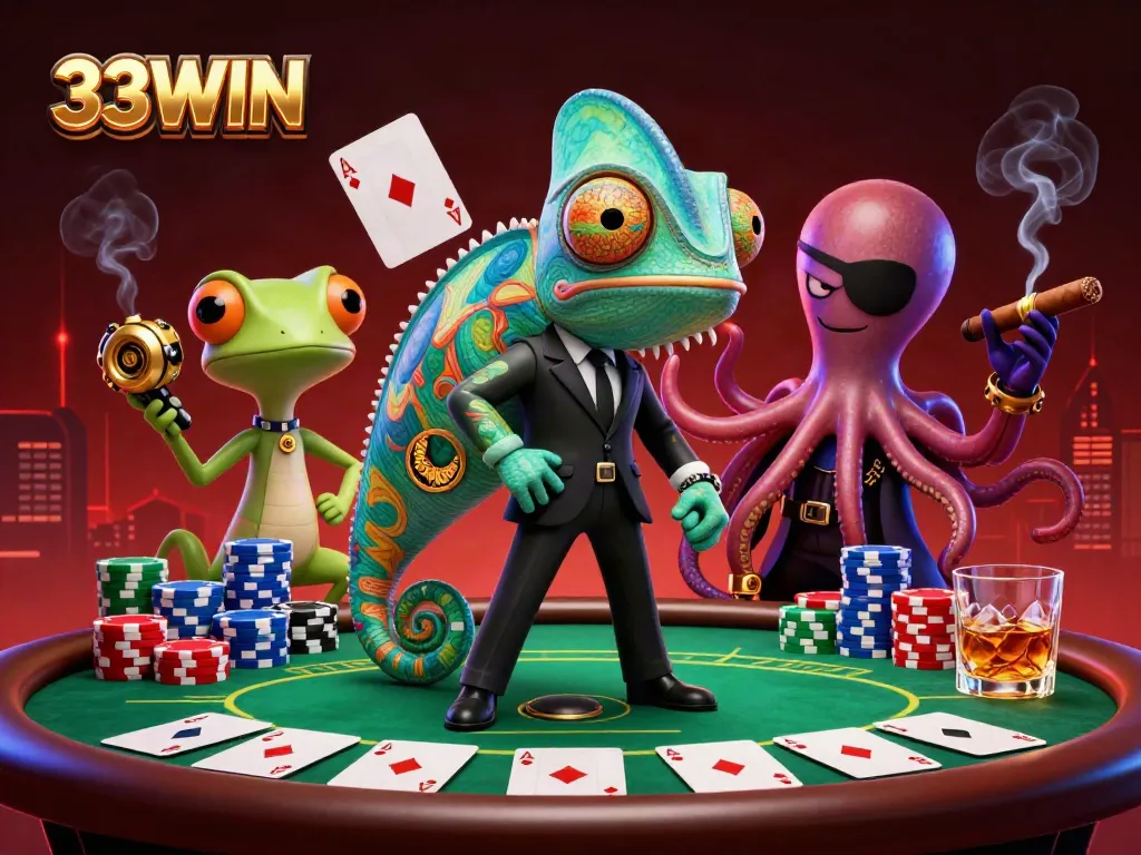 Experience action-packed gaming with 33WIN's thrilling casino scene featuring colorful poker elements.
