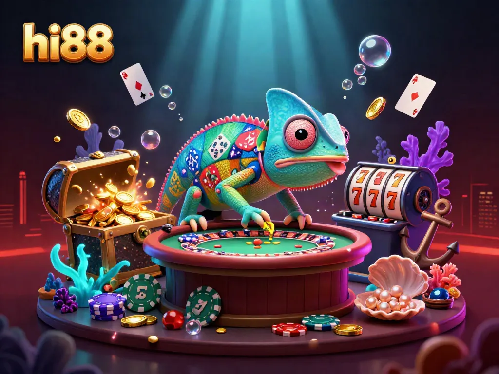 Win big at hi88 with a vibrant scene featuring a cartoon chameleon casino owner and lively gaming elements.