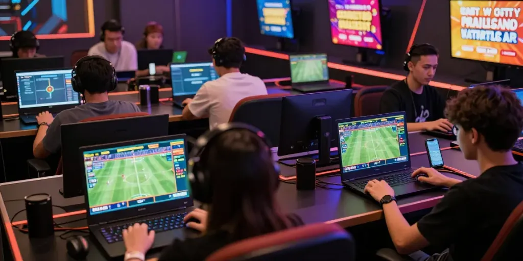 Exciting online gaming scene at https://8kbeteu.com/, showcasing players immersed in betting activities with vibrant interfaces and dynamic visuals.