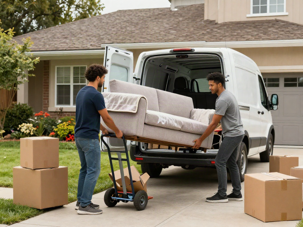 Furniture movers loading a sofa into a van, showcasing professionalism and teamwork.