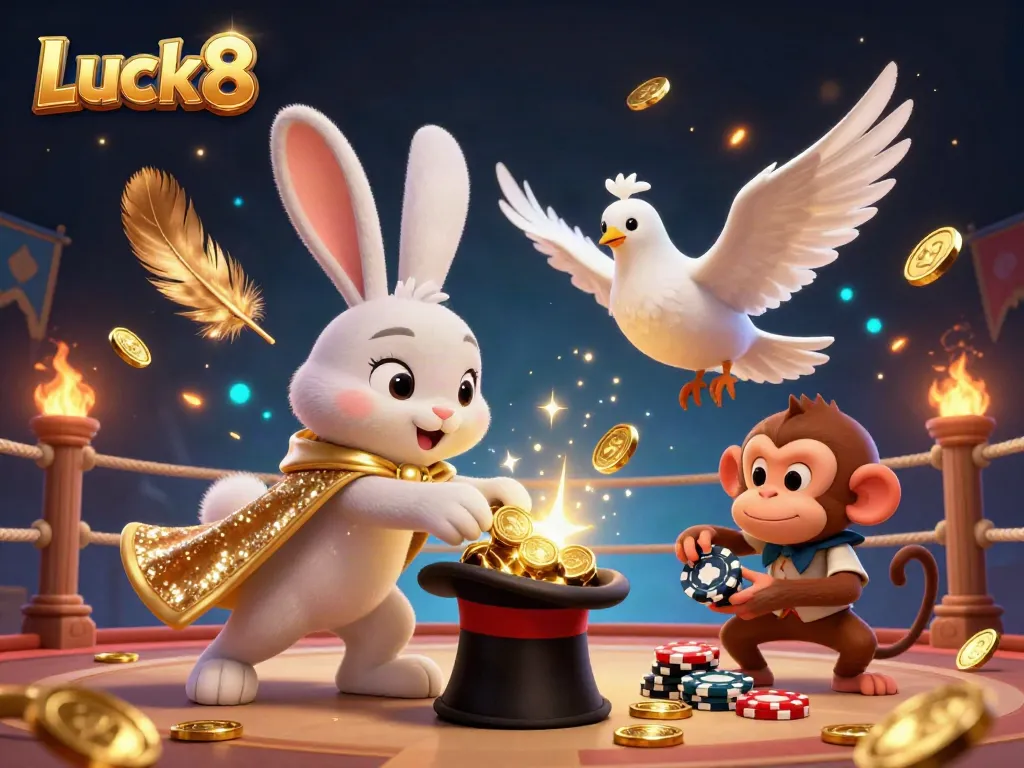 Luck8 showcases a vibrant scene of a magician rabbit, dove, and monkey in an engaging casino-themed illustration.