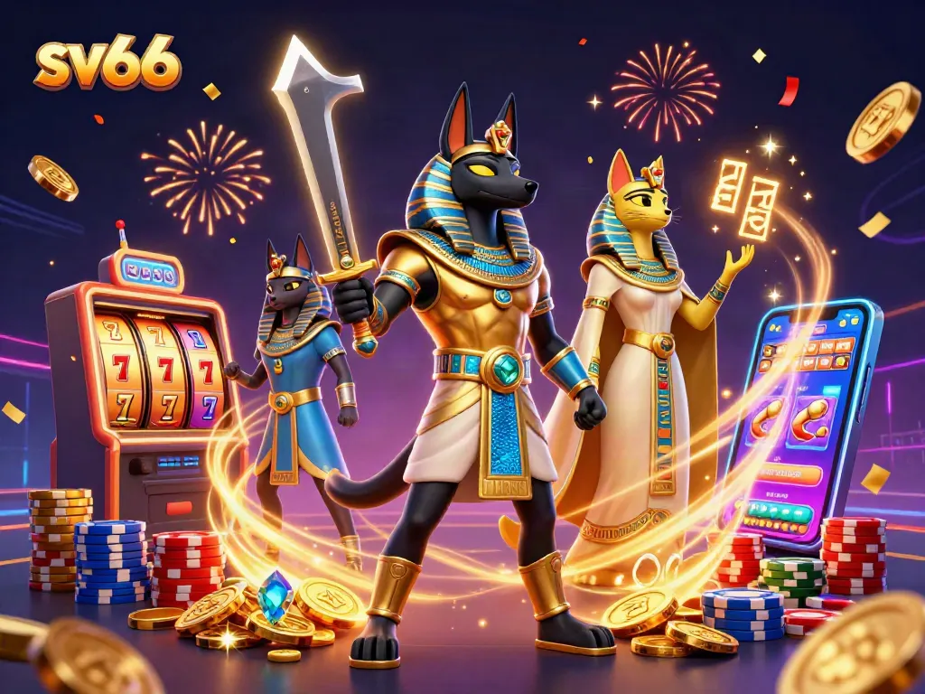 Spin the reels of sv66 with Anubis and Bastet amidst sparkling jackpots and vibrant casino energy.