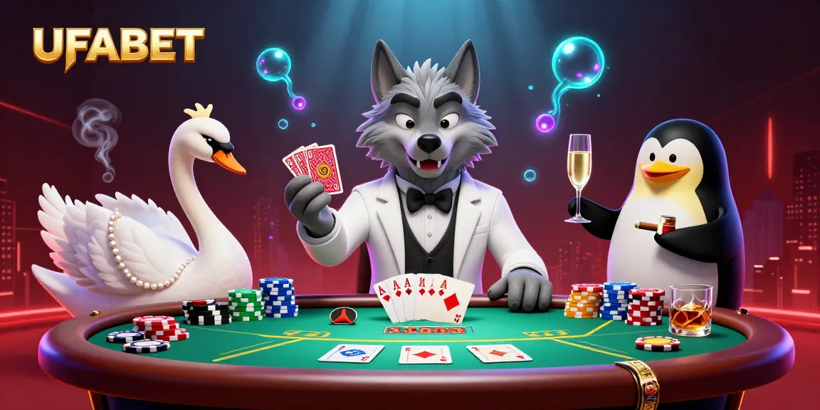 Experience exciting gambling action at UFABET with a vibrant 3D illustration featuring a wolf, swan, and penguin.