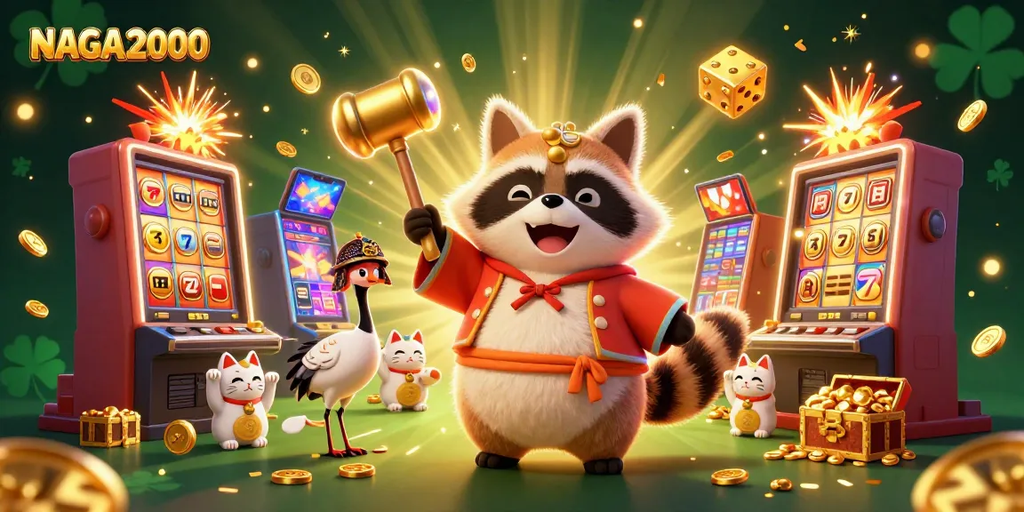 NAGA2000 memamerkan kegembiraan kasino yang cerah dengan tanuki yang ceria dan simbol-simbol yang hidup.