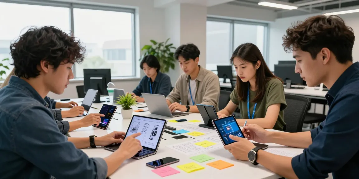 Engineers collaborating on foldable phones 2026 designs in a modern workspace.