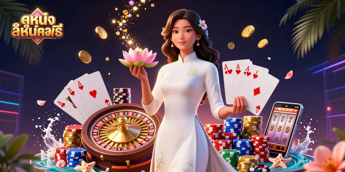 Engage in ดูหนังออนไลน์ฟรี with a stunning 3D illustration showcasing vibrant casino elements and a graceful character.