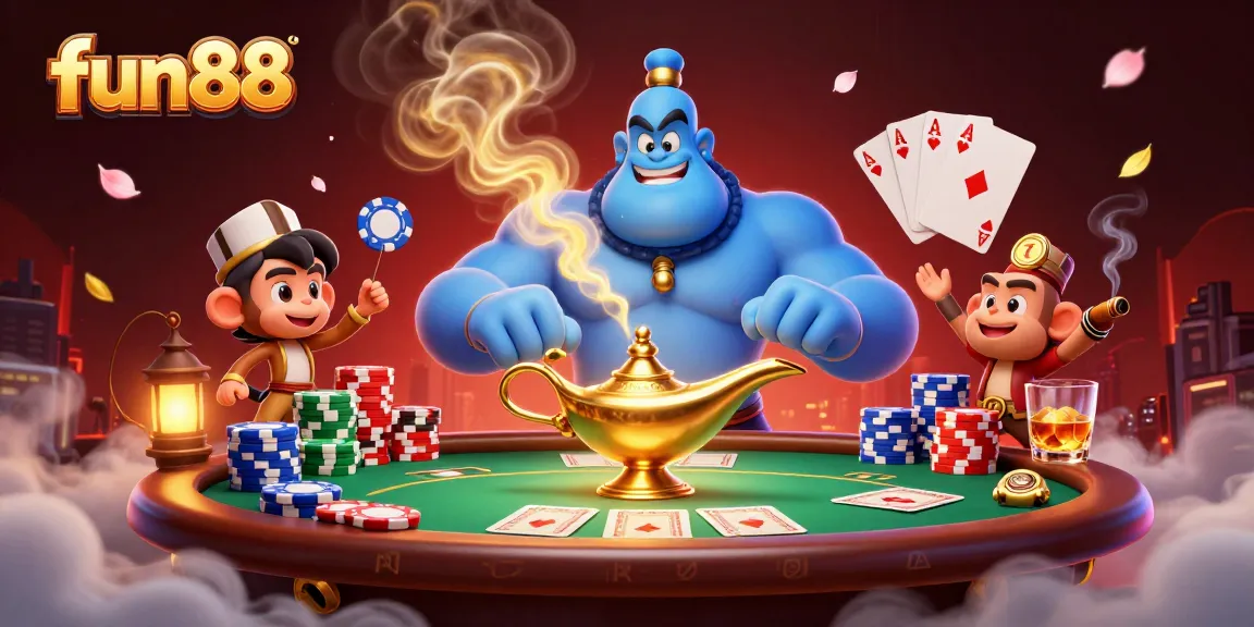Experience the thrill of fun88 with a dynamic poker scene featuring magical characters amidst glowing game elements.