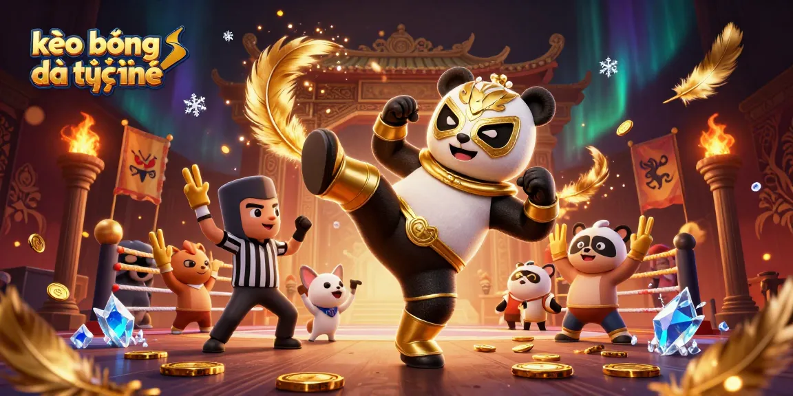 Exciting scene showcasing kèo bóng đá trực tuyến, with a flying panda and cheering animal spectators in an energetic sports betting arena.