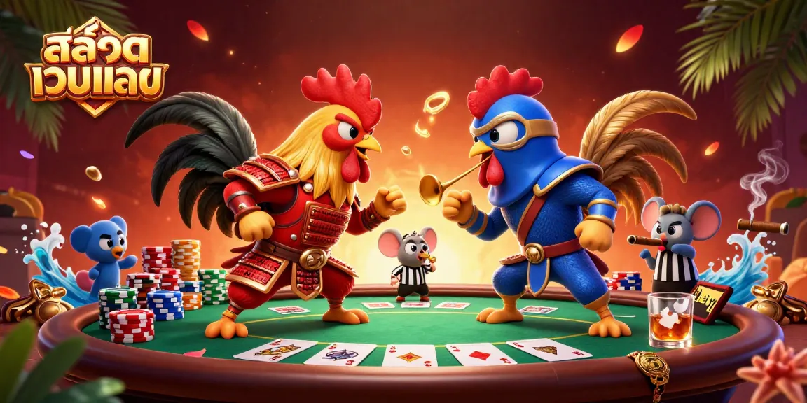 Experience thrilling action with สล็อตเว็บตรง as cartoon roosters battle over poker chips in a vibrant scene.