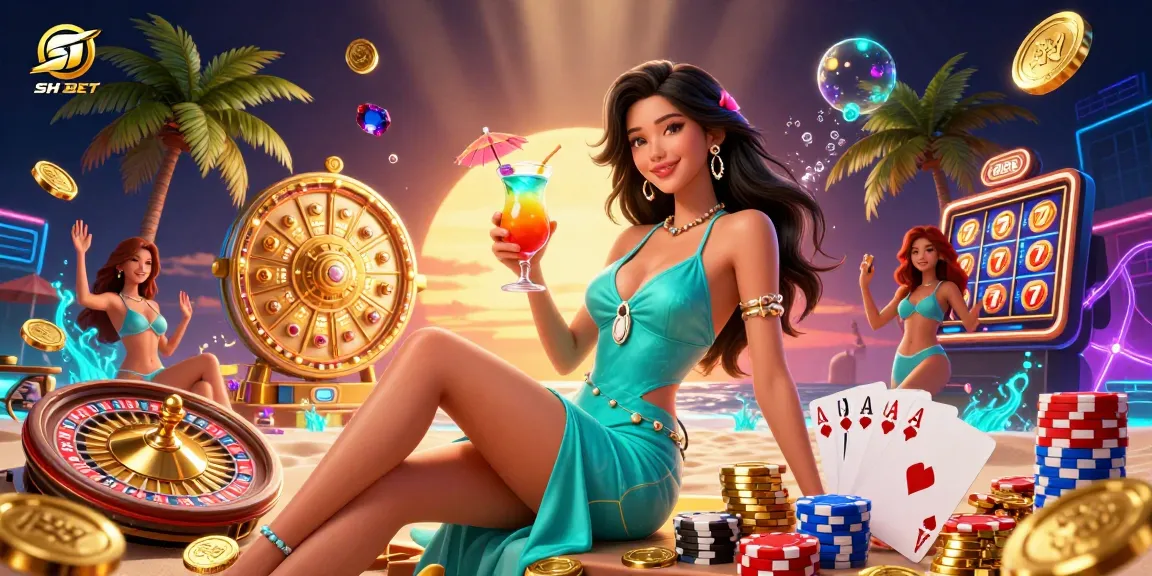 Play stunning slots at SH BET with a glamorous Asian woman celebrating wins at a tropical casino.