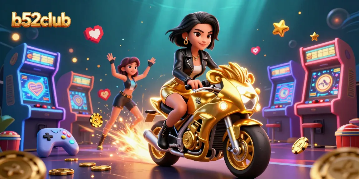 B52Club offers thrilling gameplay experiences with the glamorous Asian character riding a golden lion mascot among casino elements.