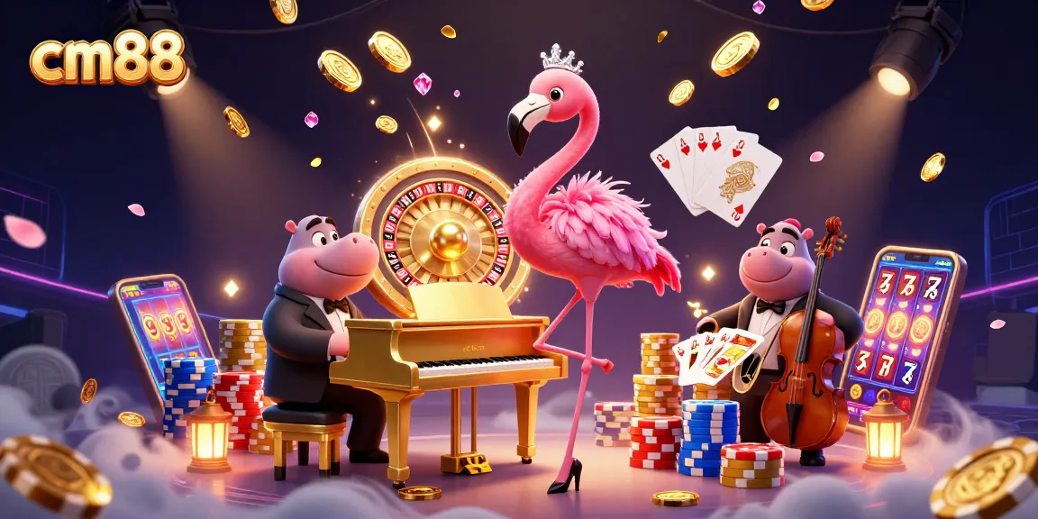 Experience the excitement of cm88 with casino elements like coins, cards, and vibrant characters.