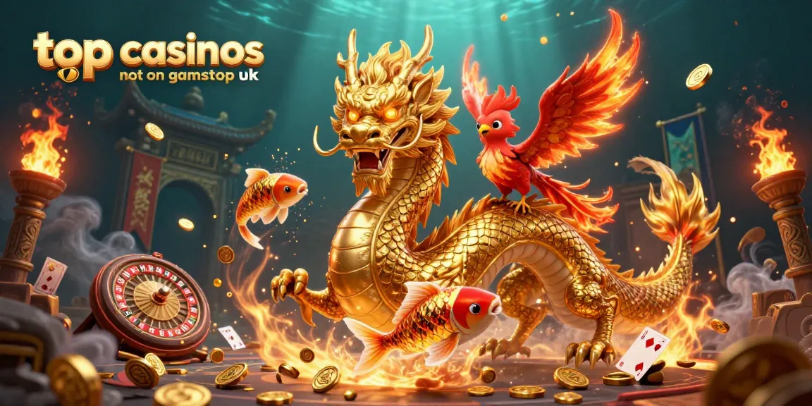Engage in top casinos not on gamstop uk, featuring vibrant dragon, phoenix, and koi amidst casino elements.