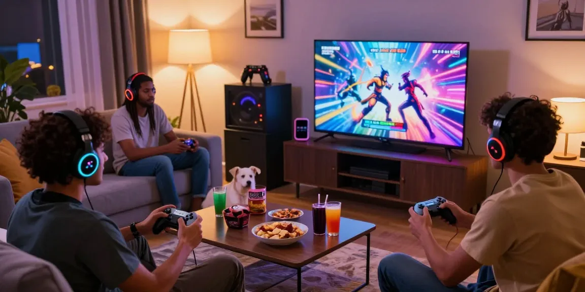Excited players enjoying hentai games in a cozy living room with vivid visuals and gaming snacks.