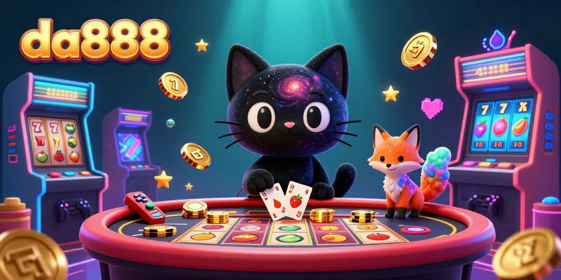 Engage with da888's vibrant casino scene featuring a cosmic black hole cat and nebula fox among colorful slots and arcade games.