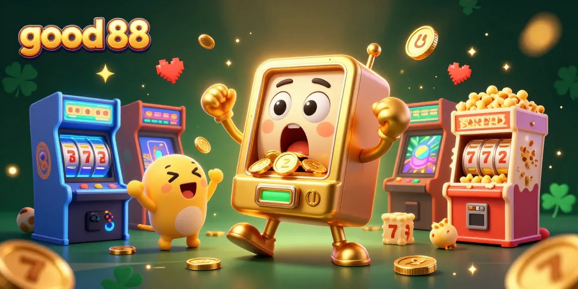 Experience good 88's thrilling jackpot scene with a golden slot machine celebrating wins, surrounded by cheerful mini slots and games.