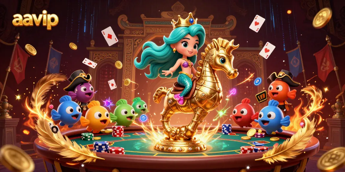 AAVIP casino illustration featuring vibrant characters in a competitive poker game with golden tokens and excitement.