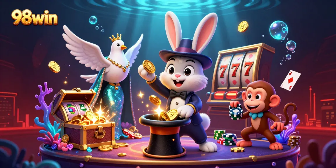 Engage with thrilling slots action at 98win, featuring whimsical characters and dynamic casino elements.