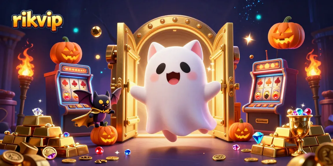 rikvip players enjoying a vibrant casino scene with ghost cat, treasure, and glowing pumpkins.