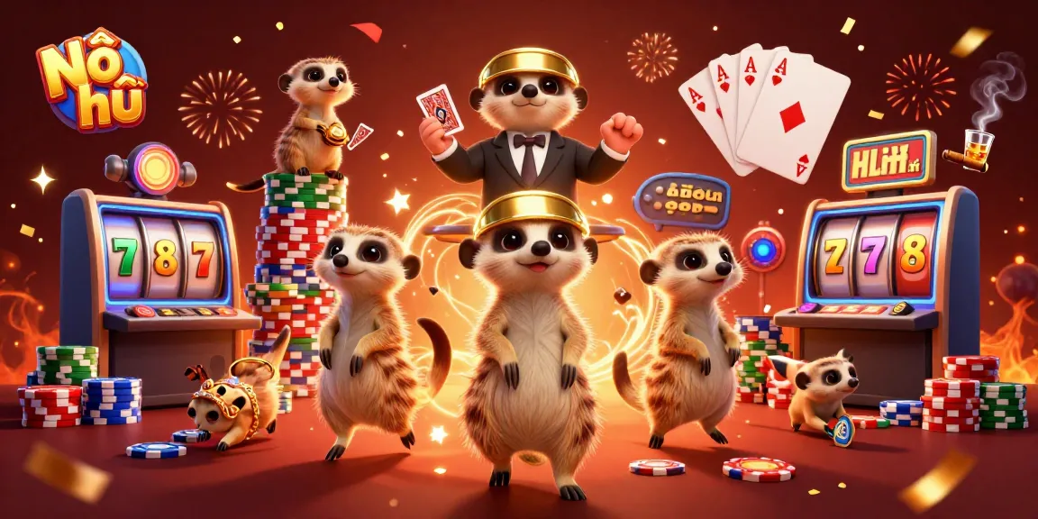 Experience Nổ hũ excitement as meerkats manage a vibrant casino, spinning reels and jackpot counters.