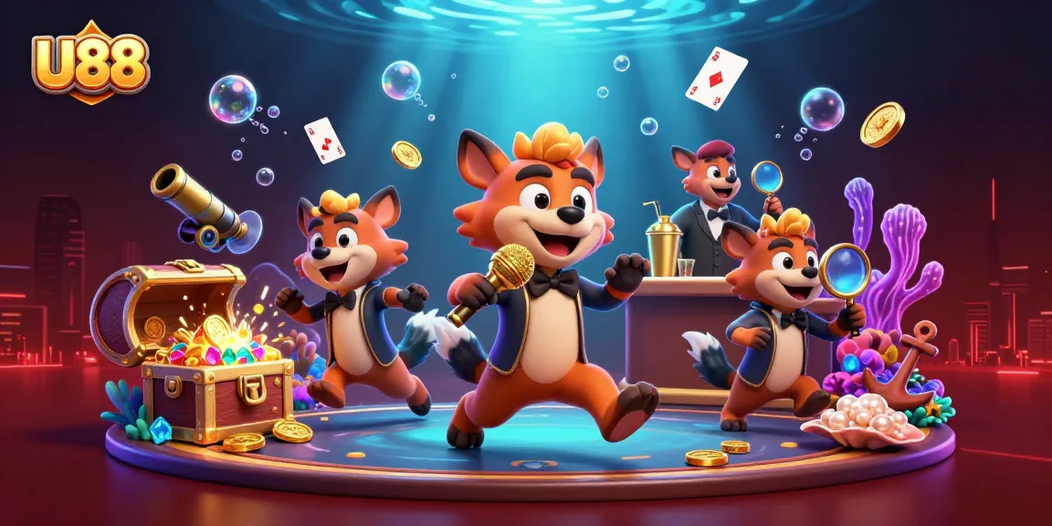 Experience the thrill of U88 with lively hyena characters in a vibrant casino scene filled with gambling action.