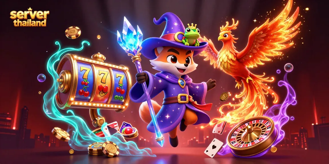 Win big at server thailand with mystical characters and lively casino elements in a vibrant 3D illustration.
