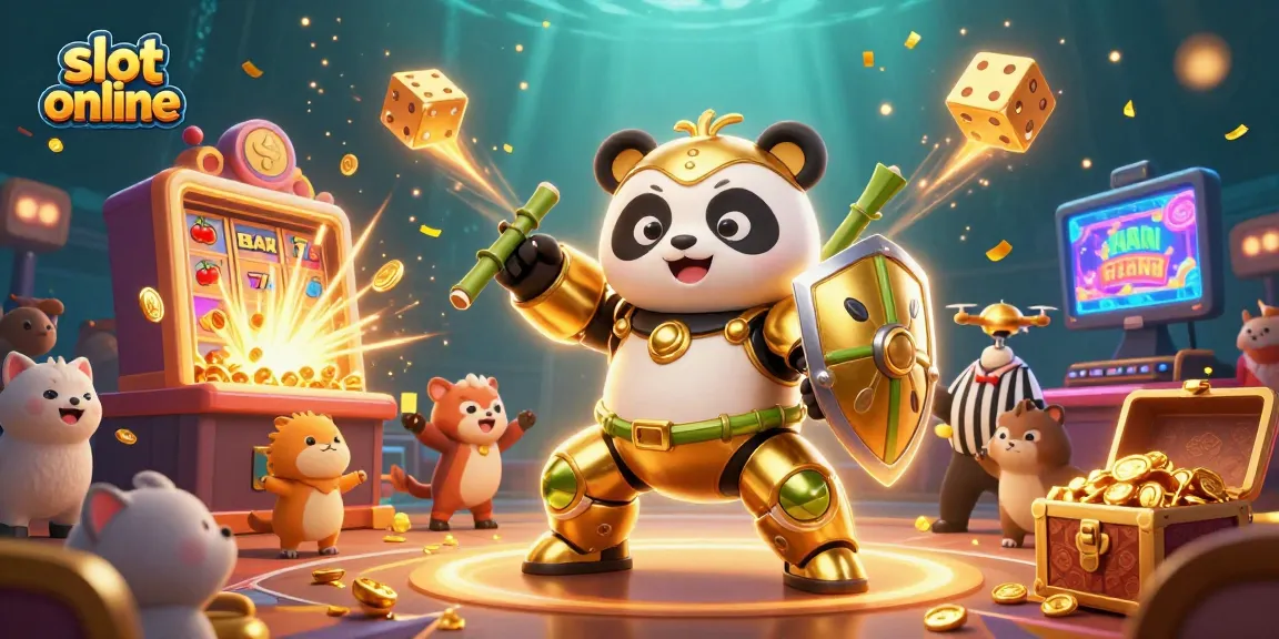 Experience thrilling slot online games with a jam-packed 3D casino scene featuring a mech-suit panda.