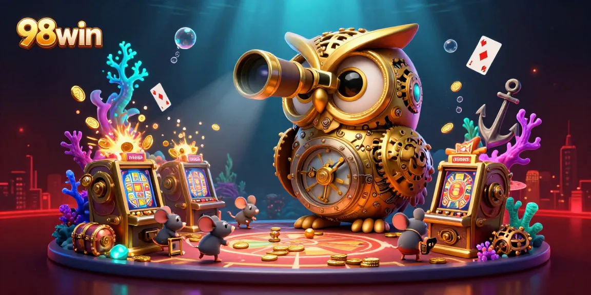 Experience thrilling gameplay at 98win with a vibrant 3D casino scene featuring a golden owl and dynamic gaming elements.
