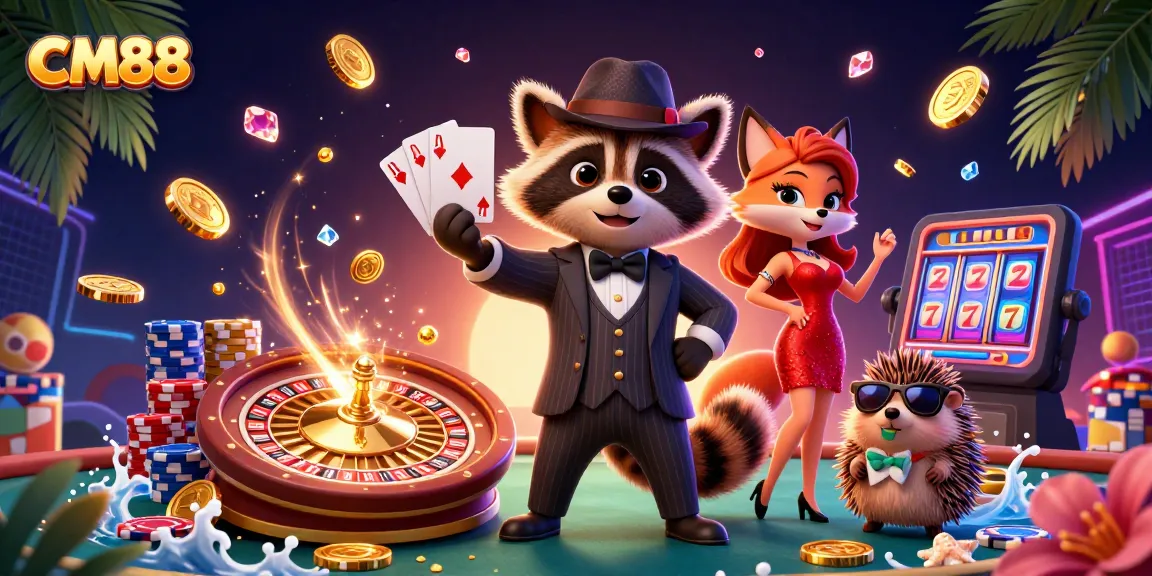 Enjoy thrilling moments at CM88 with a glamorous raccoon, fox, and hedgehog in a vibrant casino setting!