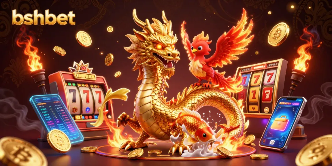 Experience the thrill of bshbet's casino with a vibrant dragon, phoenix, and koi fish surrounded by jackpot elements.