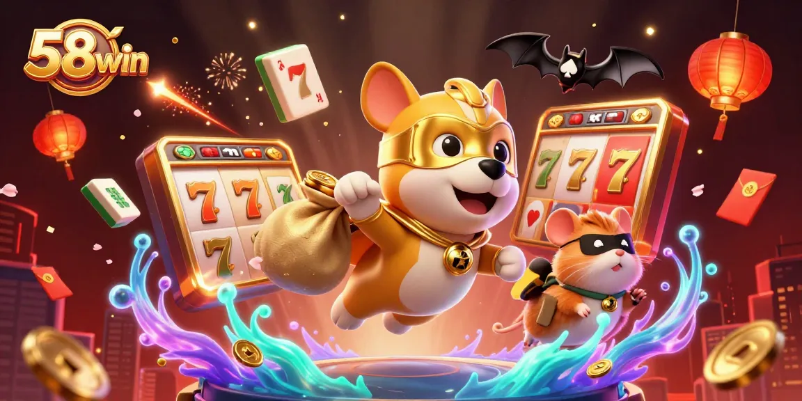 58win showcases a superhero dog flying with coins, surrounded by vibrant casino-themed elements.