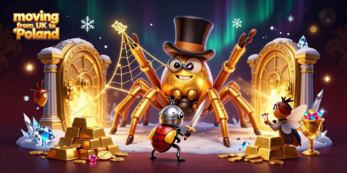 Engage in moving from UK to Poland with a vibrant illustration of a golden tarantula weaving a thrilling casino scene.