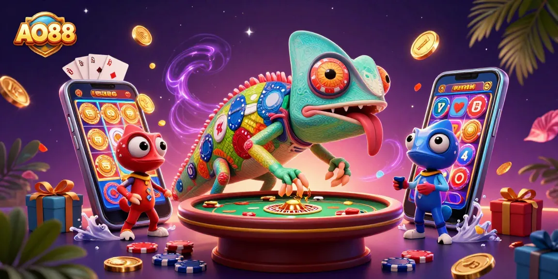 Experience excitement with AO88, as chameleon casino owner snaps up golden coins amidst vibrant gaming elements.