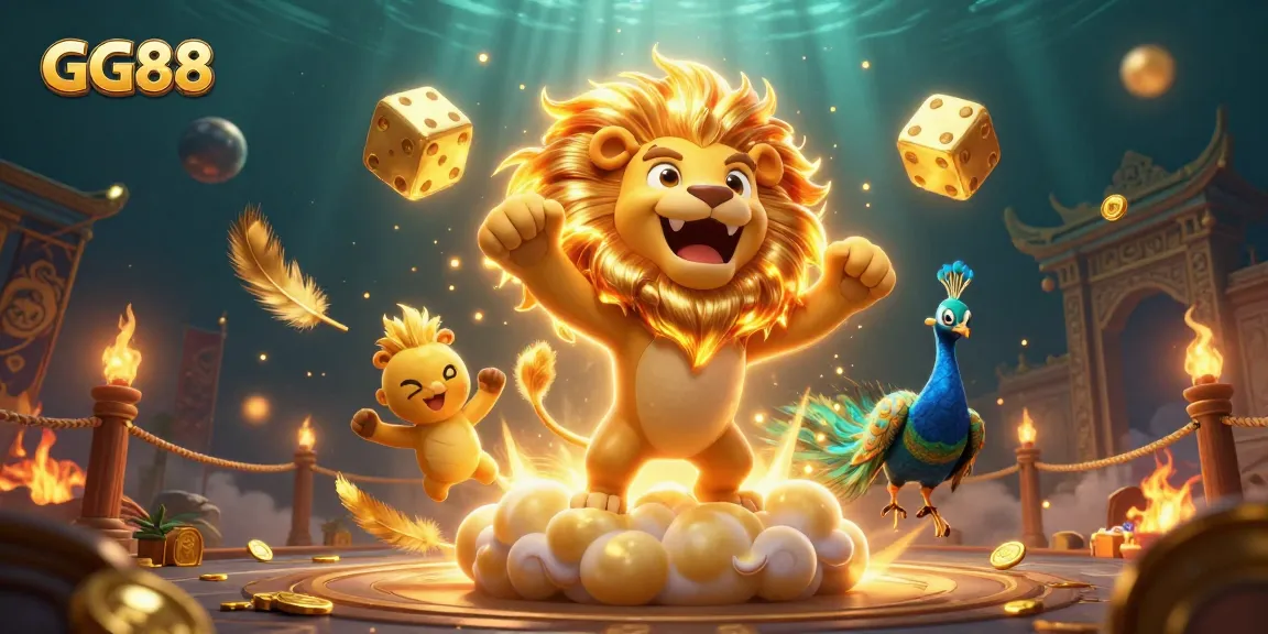 Experience the thrill of GG88 with golden dices and a roaring sun lion in an exciting casino scene.