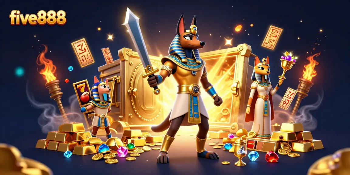 Experience the excitement of five888 with an epic slots-themed action scene featuring Anubis and Bastet.