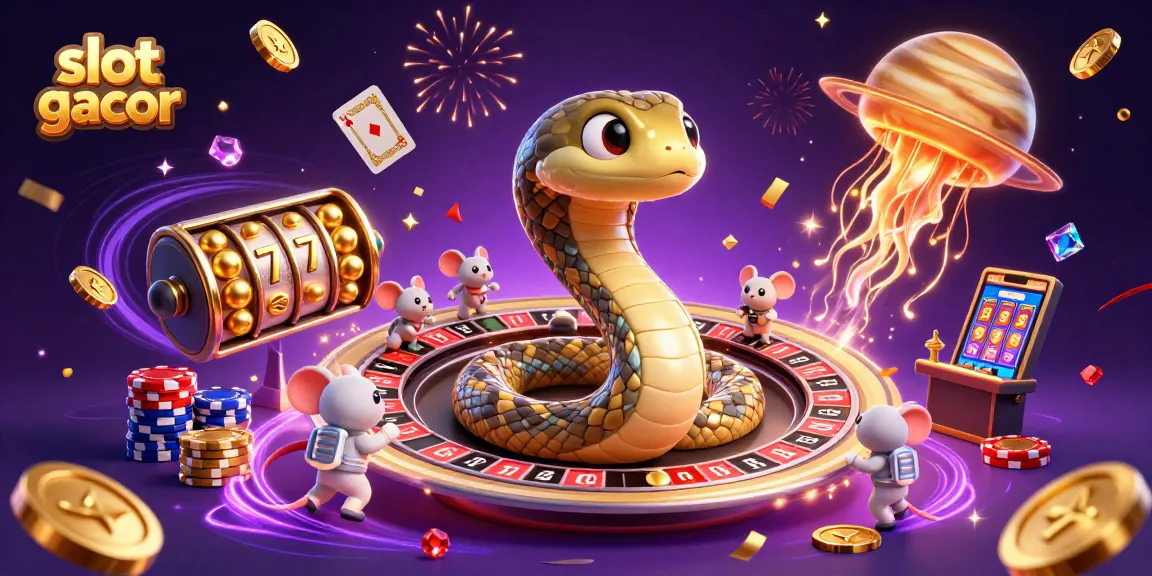 Experience the excitement of slot gacor with engaging scene featuring a Saturn ring snake and cosmic dealer.