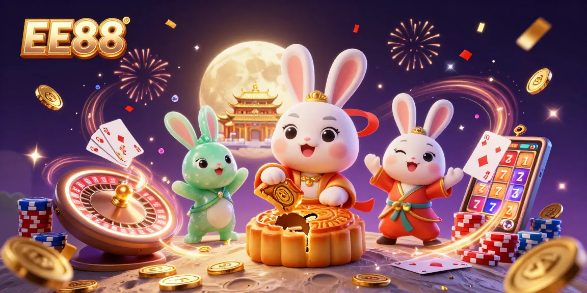 Experience the magical entertainment of EE88 with a vibrant 3D casino scene featuring moon rabbits, poker chips, and more.