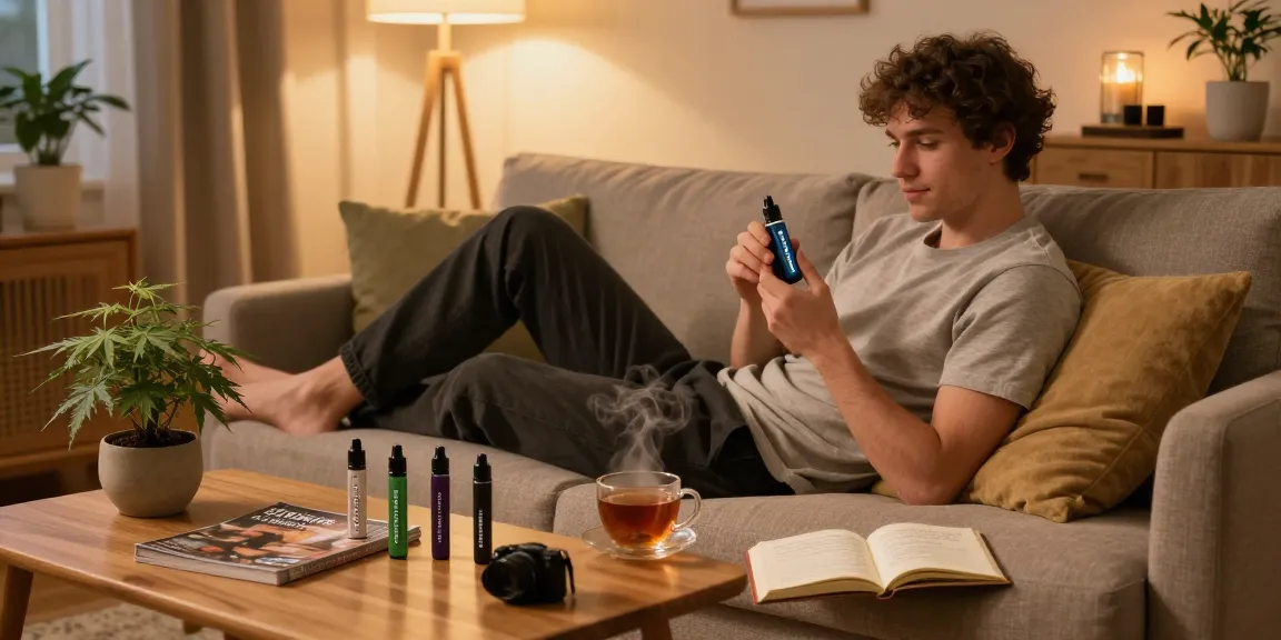 thc vape uk device in a cozy living room with wellness elements, promoting natural relaxation and quality products.